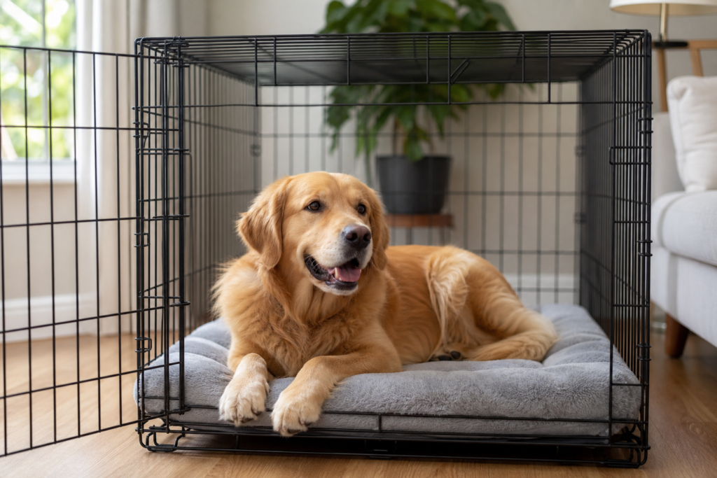 Dog crates large breeds: a large breed dog resting on an orthopedic mat in a roomy wire folding crate indoors.