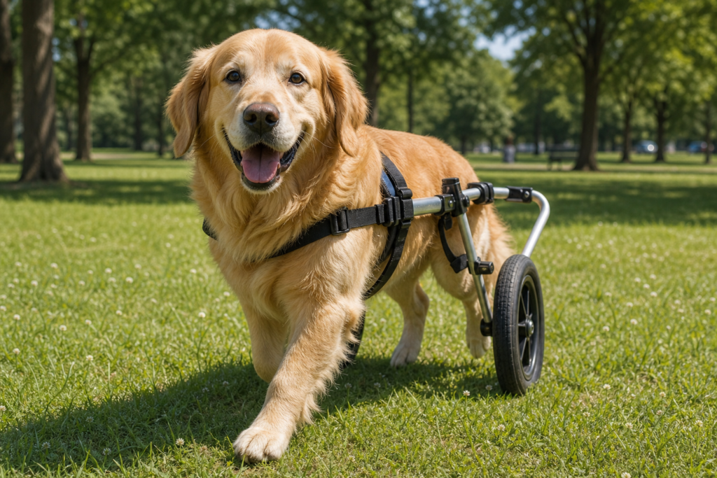 Golden Retriever using a rear support dog wheelchair in a park