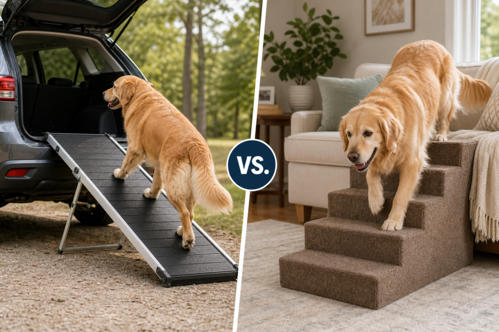 Senior Golden Retriever using a folding dog ramp at a car and carpeted pet stairs by a sofa — comparing ramps versus stairs for large breeds