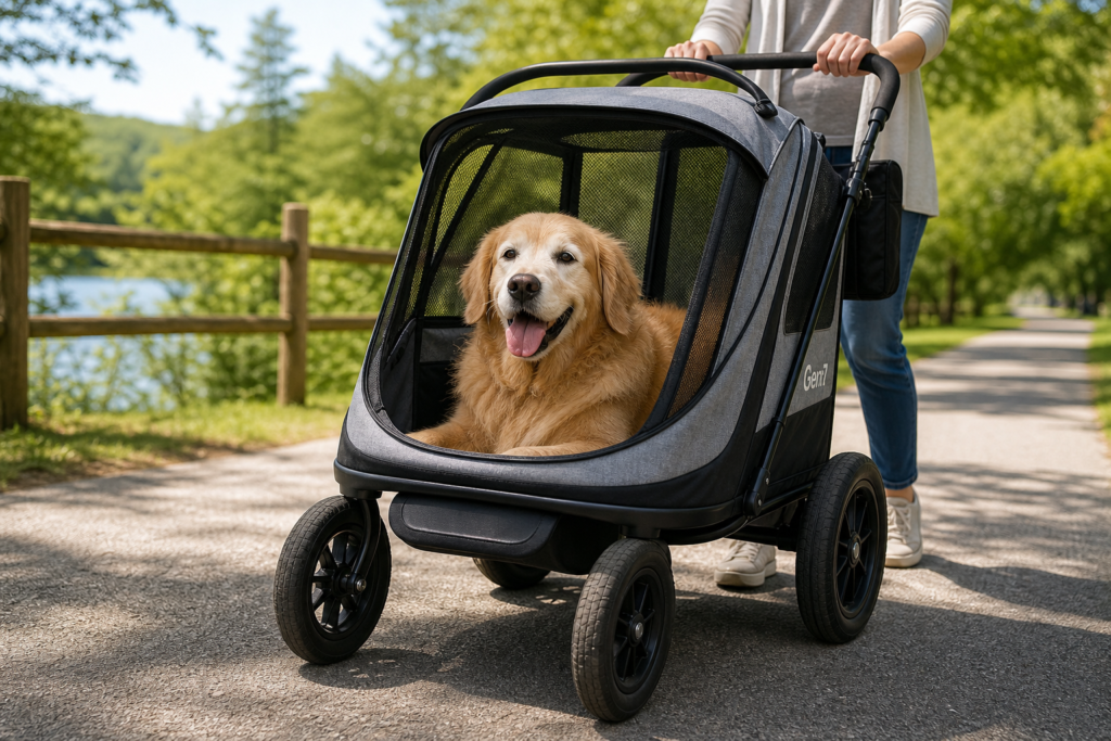 enior Golden Retriever riding in a large pet stroller on a park path