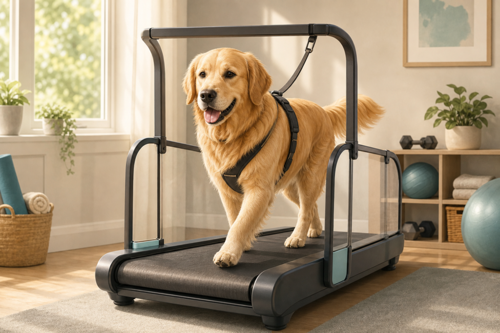 Large dog walking on a pet treadmill indoors in bright, natural light.